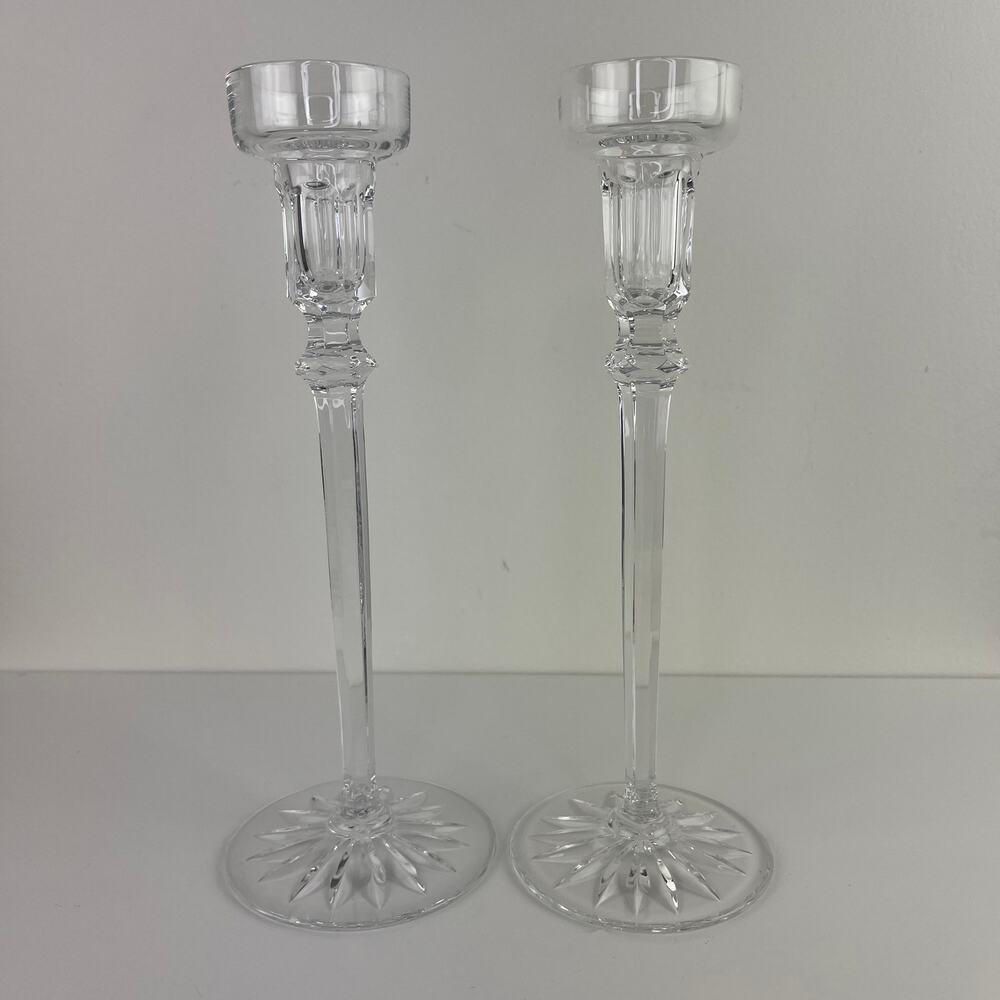 Set of 2 Rogaska Cut Crystal Glass Single Stem Small Candlesticks Pair Vintage